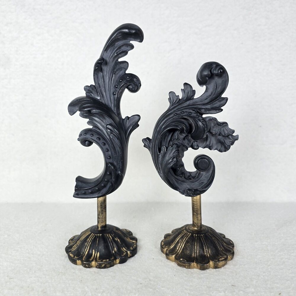 Set of 2 Standing Decorative Sculptures Black Gold Acanthus Leaf Halloween